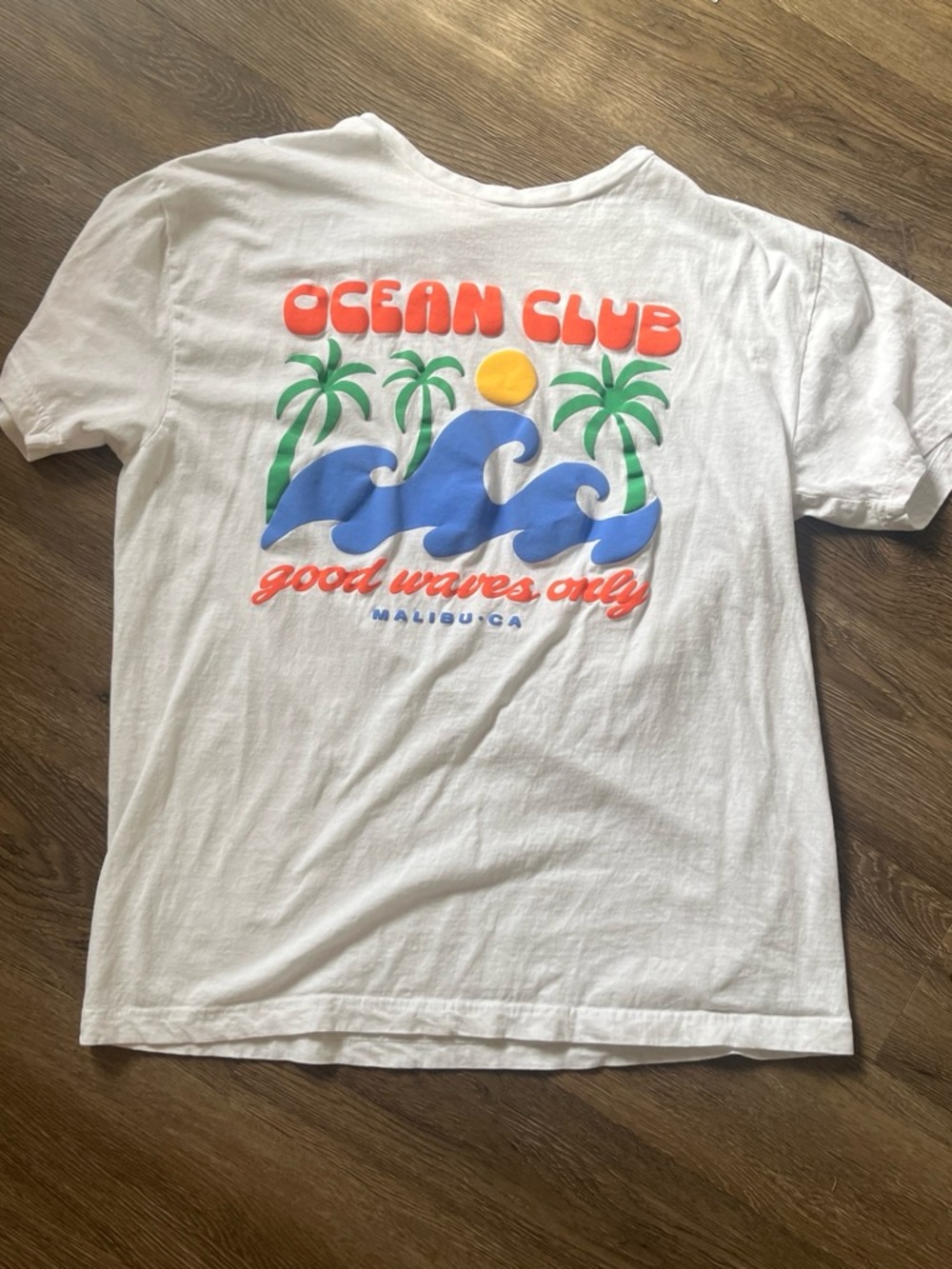 Tilly's White Graphic Tee with Blue Waves and Green Palms